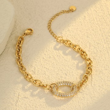 Bracelet chaîne doré en acier inoxydable avec maillon ovale serti de strass brillants