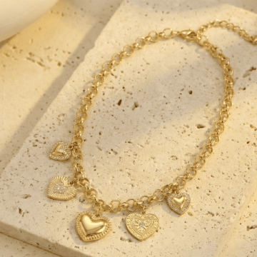 Collier Grosse Maille Cœurs Aléna | Acier Doré & Strass Chic