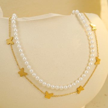 Collier Anna en acier doré composé d'un rang de perles et d'une chaîne papillons