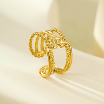 Bague ajustable Alix dorée triple rangs texture perlée et lisse