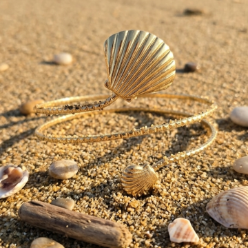 Bracelet de bras coquillage doré Maël acier inoxydable sur sable bord de mer