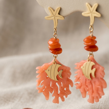 Boucles d'oreilles Cora corail étoile de mer et poisson acier inoxydable