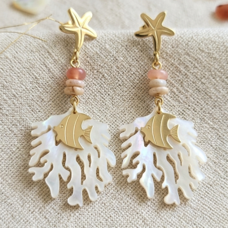 Boucles d'oreilles Cora blanc étoile de mer corail et poisson doré acier inoxydable