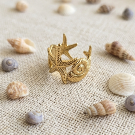 Bague Nérée dorée étoile de mer et coquillage acier inoxydable